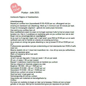 Pryslys - Julie 2025.  Aanbevole Riglyne vir Naaldwerkers - pdf - Gratis